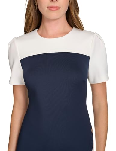 Image of Tommy Hilfiger Women's Short Sleeve Jewel Neck Colorblock Studded Asymmetrical Hem Crepe Mini Dress