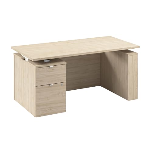 Image of Bush Business Furniture 60-inch Electric Height Adjustable Standing Desk with File Cabinet, Ergonomic Sit-Stand Computer Table for Office, Stratus Collection, Natural Elm with White Base