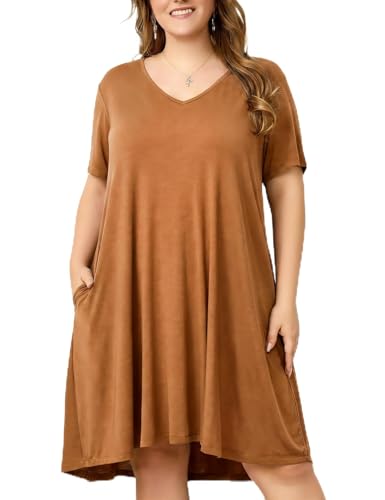 Image of OVERWORETY Womens Short Sleeve Plus Size T-Shirt Dress V Neck Casual Loose Swing A-Line Summer Tunic Dresses with Pockets
