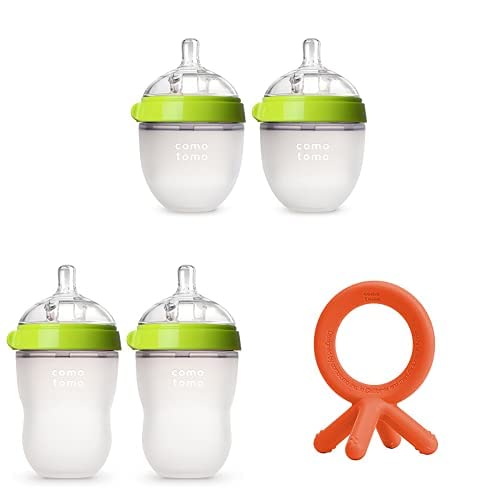 ComotomoBaby Bottle, Green, 5 and 8 Ounce (4 Count), Comotomo Silicone Baby Teether, Orange