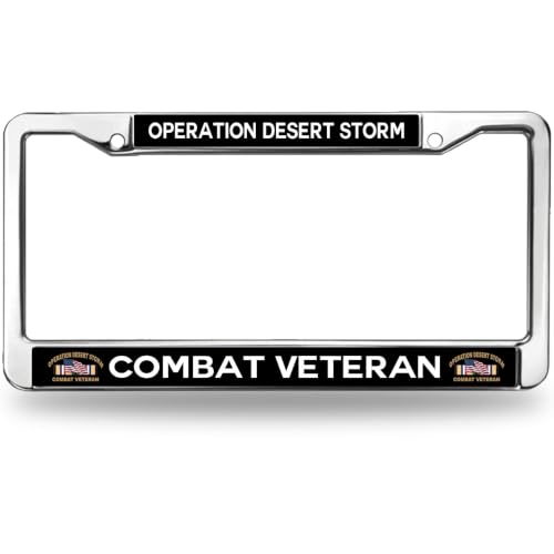 Image of Desert Storm Combat Veteran License Plate Frame, Stainless Steel Tag Cover | Recognize military service with this durable metal Desert Storm Combat Veteran license frame, weather-resistant.