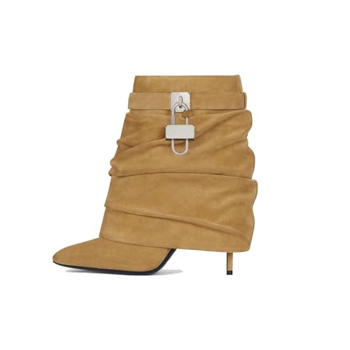 Fold Over Boots for Women Slouchy Stiletto High Heel Pointed Toe Metal Buckle Shark Lock Boots Mid Calf Pull On 2024 Fashion Boots Short Booties3