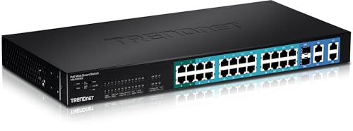 Image of TRENDnet 28-Port 10 /100Mbps Web Smart PoE+ Switch, 20 x PoE Ports, 4 x PoE+ Ports, 2 x Gigabit Ports, 2 x Shared Gigabit Ports (RJ-45 or SFP), Rack Mountable, Lifetime Protection, Black, TPE-224WS