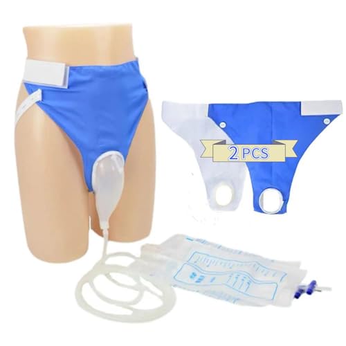 Condom Catheter Urine Collection Bag Reusable Wearable Silicone Urine Drainage Device with 2 Catheter Bag Systems 2 Piece Pants Set (Men Blue+White)
