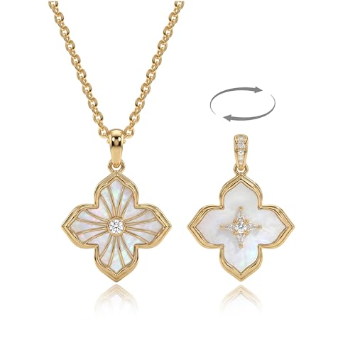 Fettero Necklaces for Women Gold Charm Necklace 2 Sided Lucky Clover Pendant 14K Gold Plated Chain Cross Mom Pearl Necklace for Women Jewelry