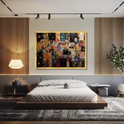 Peinture moderne aux accents dorés et tableau abstrait géométrique haut de gamme