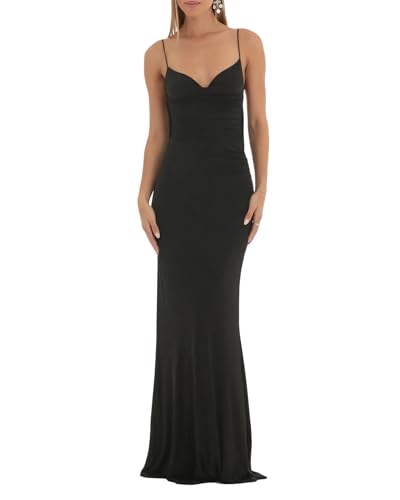 Image of Owl's-Yard Women Bodycon Long Dress Solid Color Spaghetti Strap Cocktail Dress Summer Party Backless Sling Dress