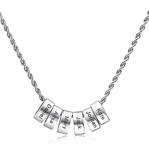 INBLUE Personalized Necklace Engraving 2-6 Names Custom Identification Pendant for Men Women Stainless Steel Bead Genuine Leather & Twist Rope Chain Charm Fathers Day Jewelry Gifts(Silver & Twist)
