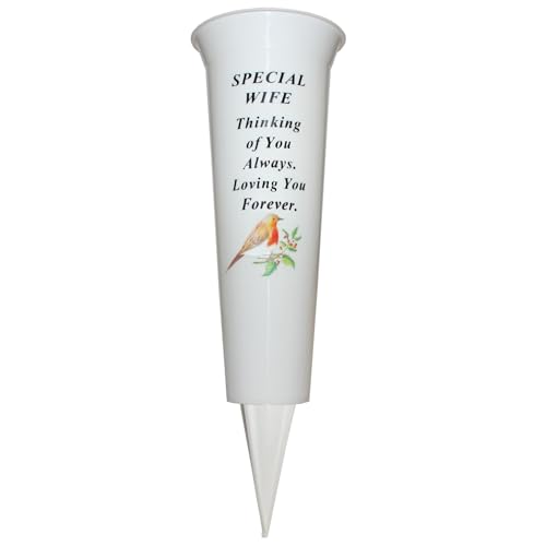 Maceta conmemorativa para tumba, 33 cm de alto, resistente, color blanco, con imagen de espiga y petirrojo (Special Wife 8781)