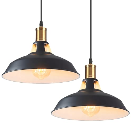 iDEGU 2 Piezas Lámparas Colgantes Vintage Lámpara de Techo Industrial Iluminación E27 Retro Luz Colgante para Cocina, Salón, Dormitorio, Comedor, Pasillo, Restaurante - 27CM (Negro, Interior Blanco)