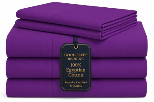 Image of Good Sleep Bedding Split King Sheets Sets for Adjustable Bed, 5 Piece, 100% Egyptian Cotton Sheets for Adjustable Beds, Sateen Weave, Ultra-Soft, 16 inch Deep Pocket BedSheets - Purple