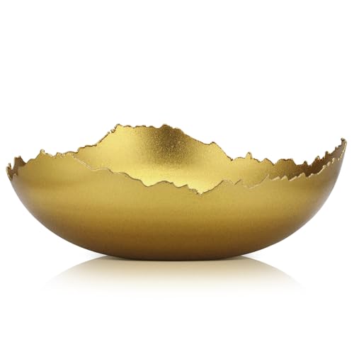 SiliFine 12'' Gold Decorative Bowl for Table Golden Metal Centerpiece Asymmetrical Torn Texture Serving Bowl With Sculpted Edges for Antique Decoration Key Candy Fruit Tray Home Decorations