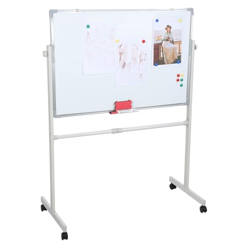 Pizarra Blanca con Ruedas, Pizarra Magnética Móvil con Soporte - Altura Ajustable 155-200cm, Incluye 5 Rotuladores y 12 Clips Magnéticos, para Oficina y Aula (90x60cm)
