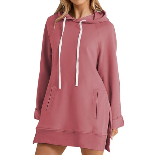dyiozbga Fall Long Hoodies for Women,Long Sleeve Plus Size Plain Casual Pullover Hooded Sweatshirts Pockets Winter Oversized Going Out Travel Outfits Vacation Holiday Y2K Tops Teacher Pink XX-Large