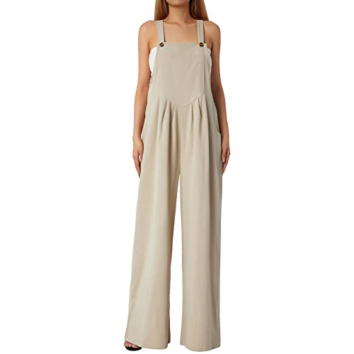 Women Wide Leg Straight Sleeveless Jumpsuit Loose Solid Color Button Suspenders Fashion Jumpsuit Pockets (Khaki, L) #TOP5