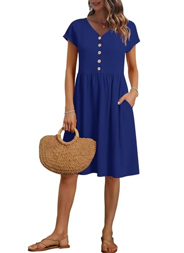 Image of AUSELILY Women's Summer Short Sleeve Knee-Length V Neck Dress with Pockets