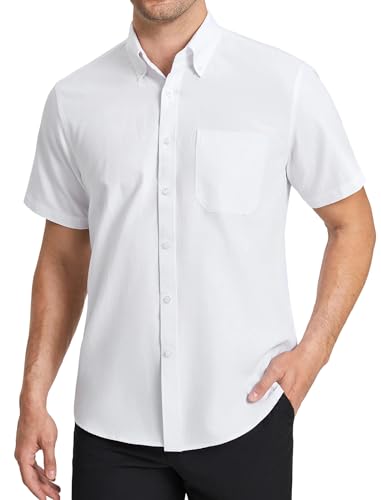 HISDERN Camisa Blanco Oxford Hombre Manga Corta Formales con Bolsillo Camisas Vestir Verano de Trabajo Hombre Ajuste Regular