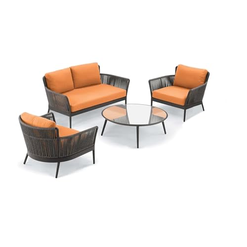 Image of Amazon Brand - Solimo Avento Outdoor 4 Seater Sofa Set | Balcony Sofa | Patio Furniture Sets | Conversation Sets | Braid & Rope (Grey /Orange)