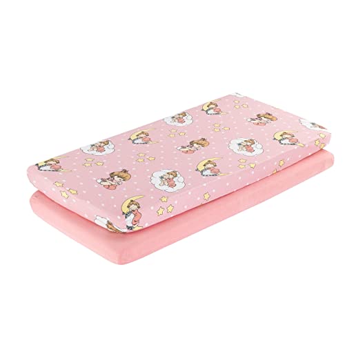Precious Moments 2 Pack Baby Cradle Sheets - Fitted Set For Baby Girl; 100% Cotton Jersey Knit, Breathable And Soft Cradle Mattress Pad Cover; Pink, Yellow Girls Sheet And Solid Pink Sheet #TOP6