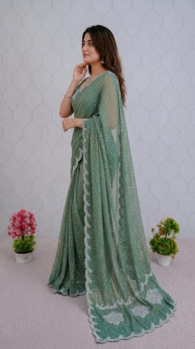 Image of Chiffon Satin Saree for Women with C Pallu PP Siroski Diamond Work, Cutwork Border & Matching Blouse Saree for Wedding, Festive and Traditional Occasions