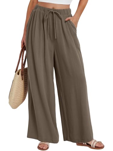 Bloggerlove Linen Palazzo Pants for Women Dressy Summer Wide Leg Flowy Pants Boho Linen Beach Trousers with Pockets3