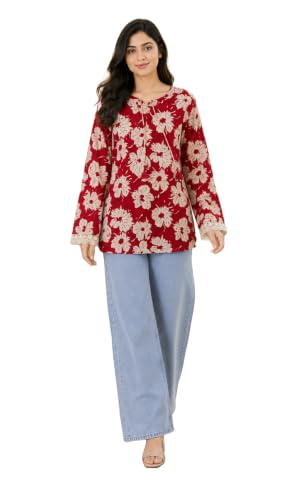 Image of Women's Floral Printed Cotton Kurti Summer Cotton Tunic Top for Girls