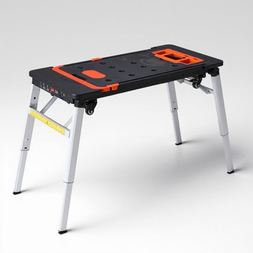 TLGREEN 7 en 1 Etabli Pliant,Établi Pliable,Multifonction Plateforme de Travail Hauteur Réglable,Chariot Pliable Portable avec 4 Roues(2 pcs Roulette avec Frein),Échafaudage pour Les Travail