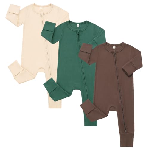 Image of Bafeicao 3 Pack Baby Boy Girl Rompers with Mitten Cuffs, Ribbed Cotton 2 Way Zipper Romper One Piece Jumpsuits Clothes