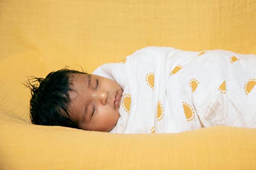 Sticky Toffee Muslin Swaddle Blankets For Baby Girl Or Boy, Soft And Breathable Oeko-Tex Cotton Muslin Baby Blanket, Newborn Swaddling Wrap, Receiving Blanket, 47 In X 47 In, Yellow Suns #TOP2