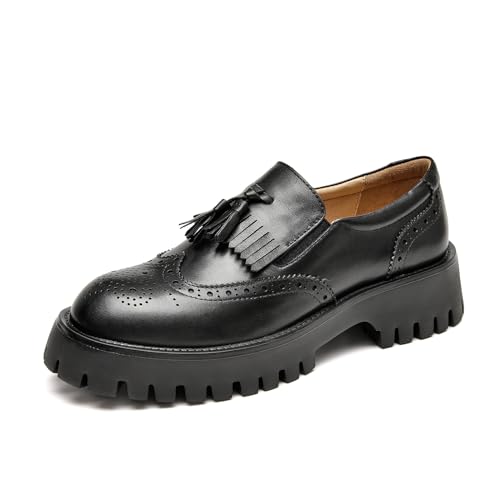Image of BEAU TODAY Chunky Loafers for Women, Women's Leather Platform Loafers, Lug Sole Tassel Slip On Loafers Shoes Brogues Wingtip Casual Business Shoes Comfortable Dressy