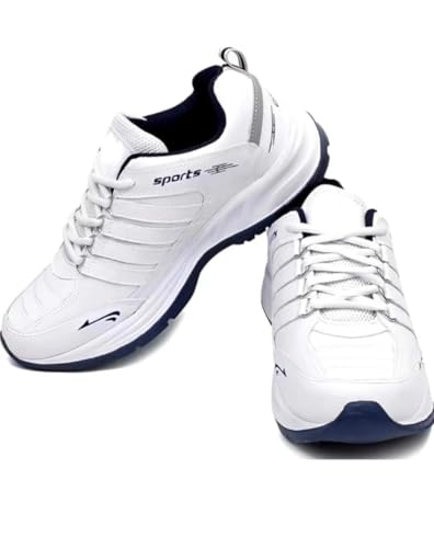Image of Men's Sports Running Shoes, White and Navy, Memory Foam Insole, Lace-up Closure, Size 6 UK