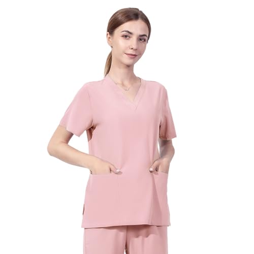 Meichoon Blusa médica cuello en V para mujer manga corta con 2 bolsillos, suave y elastizada, secado rápido, uniforme de enfermera DK56Pink L