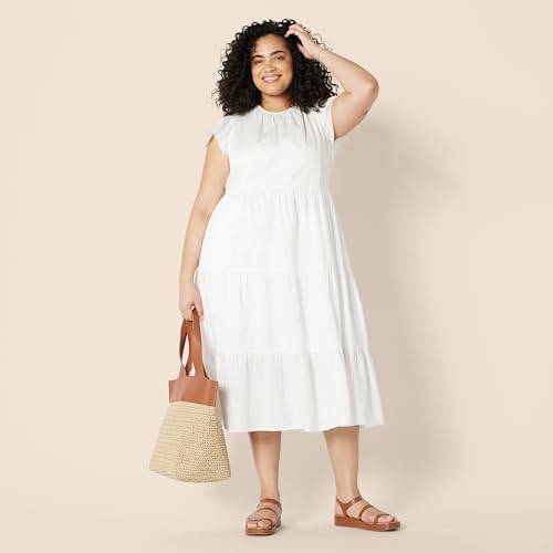 Amazon Essentials Women's Relaxed-Fit Cotton Sateen Crewneck Tiered Midi Dress with Flutter Sleeves, Back Button Closure, White, X-Small - image 6