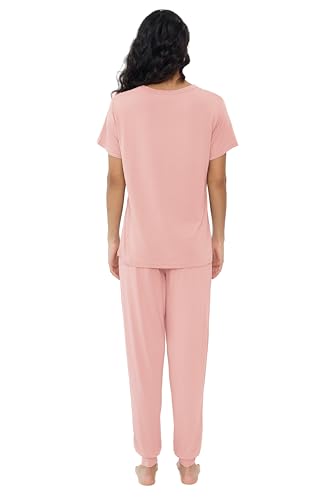 Image of Joyaria Women's Bamboo Viscose Cooling Pajamas Short Sleeve Crewneck Top & Jogger Pajama Pants with Pocket S-XXL