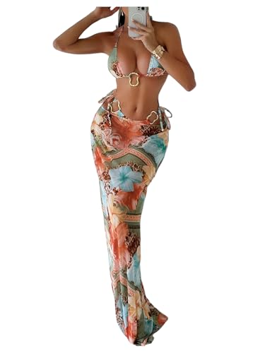 WDIRARA Women's 3 Piece Floral Halter Bikini Set Ring Linked Leopard Print Swimsuit with Coverup Skirt