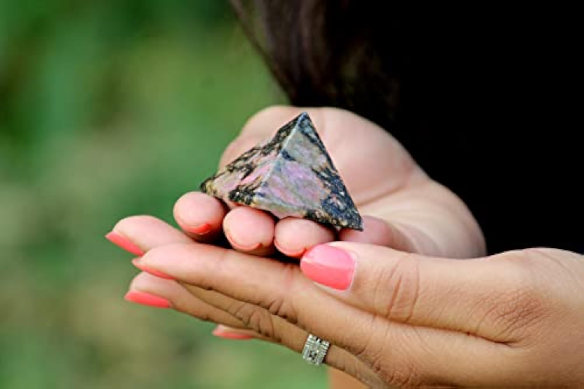 Handcrafted Rhodonite Pyramid Stone with Therapy Booklet