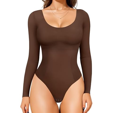 LODAY Brown Long Sleeve Bodysuit for Women Tummy Control Body Suits Scoop Neck(Brown Scoop Neck, Large) Cover