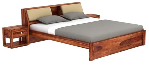Image of STRATA FURNITURE Sheesham Wood Queen Size Double Bed Without Storage | Wooden Palang Cot for Bedroom Living Room Furniture (Honey Finish)