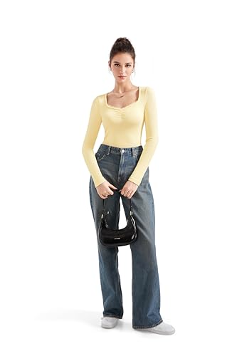 Image of SUUKSESS Women Sweetheart V Neck Long Sleeve Tops Lace Trim Ribbed Modal Fall Going Out Shirts