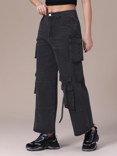 Women's Cargo Jeans Straight Wide Leg High Waist 8 Pockets Casual Baggy Denim Pants2