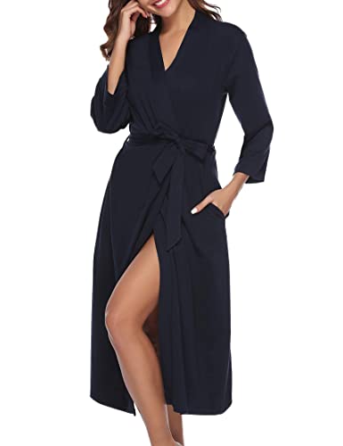 iClosam Bata Mujer Algodón Largo Albornoces para Mujer Kimono con Cinturón Bata de Casa Mujer Cuello en V Ropa de Dormir Suave y Comodo Azul L