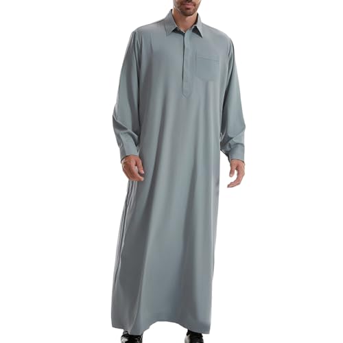 Rrongwn Bata de caftán de manga larga para hombre, manga larga, informal, con botones, musulmana, caftán, ropa de cuello alto, ropa de oración, vestido de ramadán, gris, XL