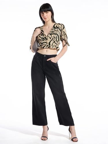Image of Bewakoof Women's All Over Printed Regular Fit Half Sleeve V-Neck Viscose Short Top