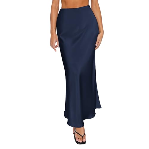 Same Day Delivery Maxi Skirts for Women UK Summer Spring Summer Skirts Satin Skirt High Waisted Maxi Party Wedding A Line Long Evening Women UK Lady Fancy Dress Navy