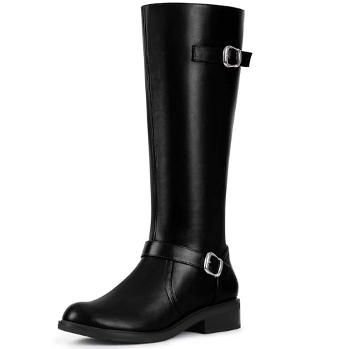 Perphy Buckle Chunky Low Heel Side Zipper Knee High Riding Boots for Women Black 5 UK/Label Size 7 US