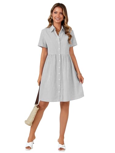 Image of Rooscier Women's Striped Shirt Dress Button Down Collared Short Sleeve Mini Dress
