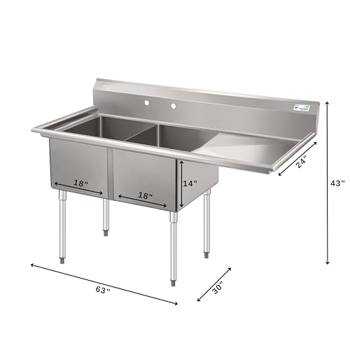 Image of KoolMore 63 in. 18-Gauge 2-Compartment Commercial Sink with Backsplash and 24 in. Right Drainboard, Bowl dimensions 18 inchx24 inchx14 inch in Stainless-Steel (KM-SB182414-24R3)