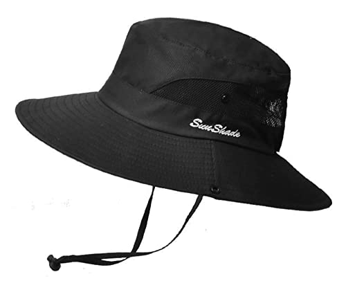 Image of Womens Summer Sun-Hat Outdoor UV Protection Fishing Hat Wide Brim Foldable-Beach-Bucket-Hat with Ponytail-Hole