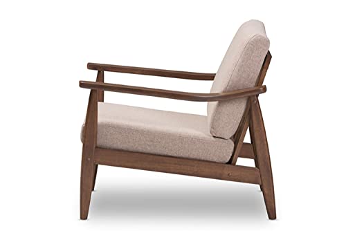 Baxton Studio Venza Mid-Century Modern Walnut Wood Light Brown Fabric Upholstered Lounge Chair #TOP3