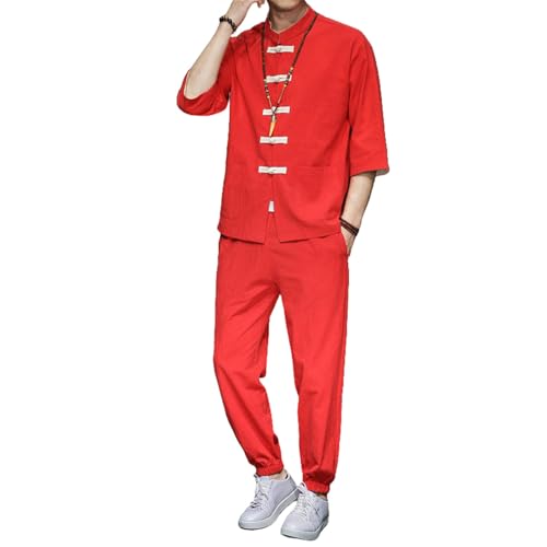 Ensemble d'été homme en coton et lin avec pantalon court et haut à col montant chinois